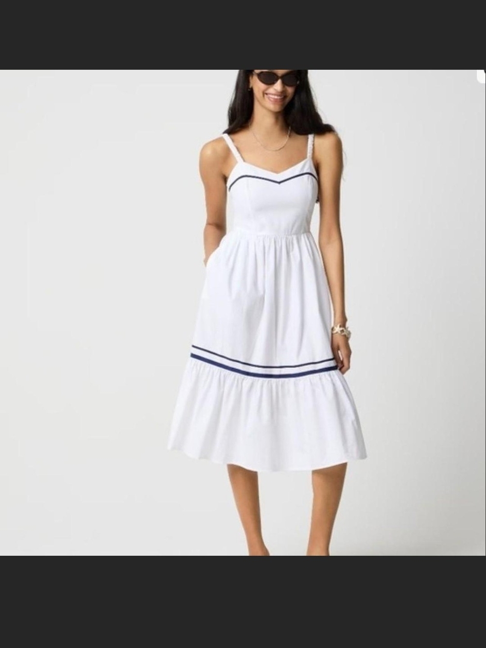 J. Crew White Midi Sundress with Navy Trim